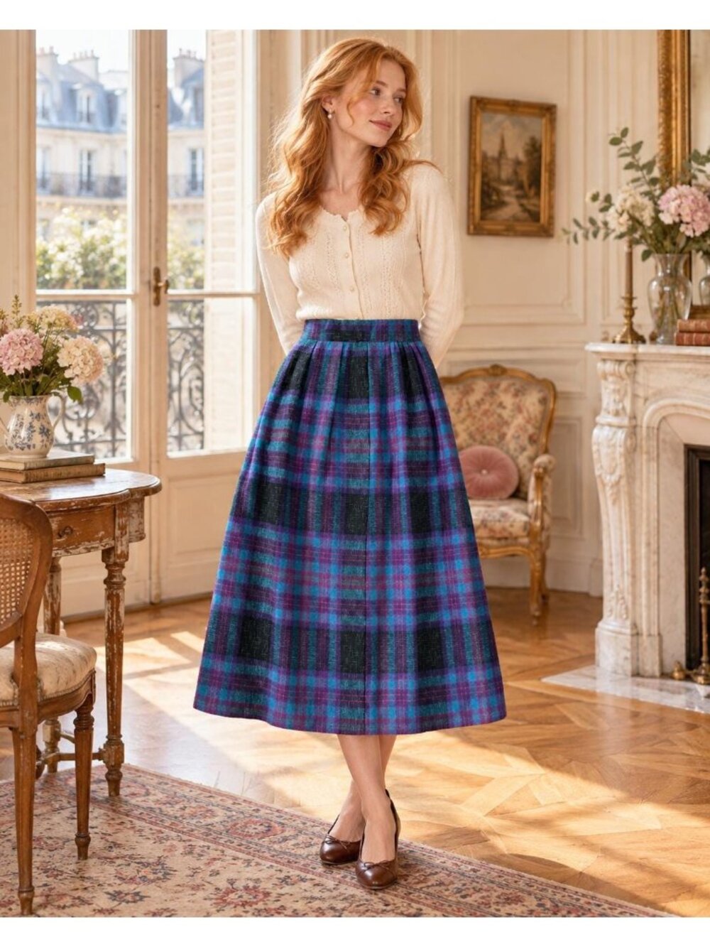 Vintage Wool Plaid Skirt Size 8 | Purple Teal Tartan Midi Skirt